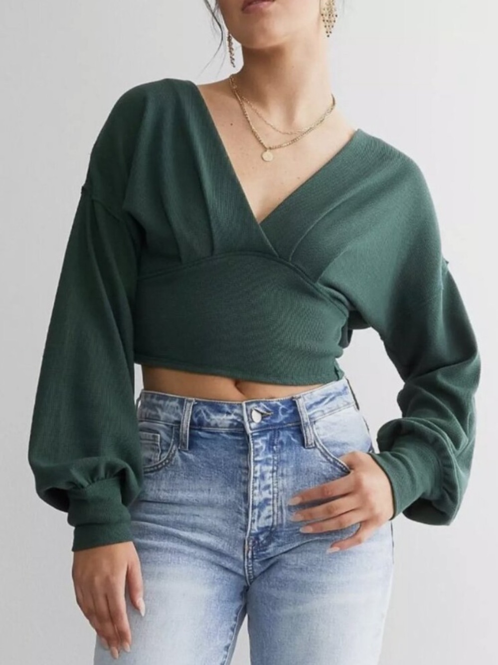 Free People We The Free All Nighter Long Sleeve Surplice Crop Top Pine Green